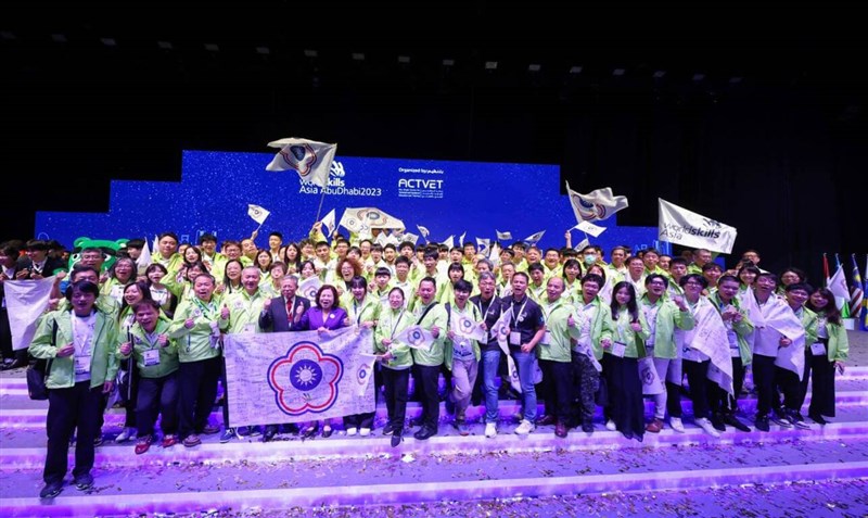 Taiwanese participants in WorldSkills Asia 2023 in Abu Dhabi pose for a group photo released on Friday. Photo courtesy of Workforce Development Agency Dec. 1, 2023