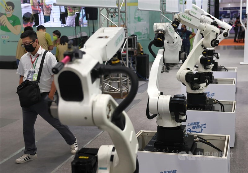 Robotic arms are displayed in an exhibition in Taipei in this photo taken on Aug. 23, 2023. CNA file photo