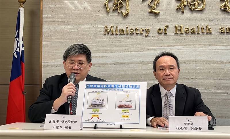 FDA official Wang Te-yuan (left) explains test results of the food poisoning case, along with FDA Deputy Director General Lin Chin-fu during a press conference in Taipei Wednesday. CNA photo Dec. 6, 2023