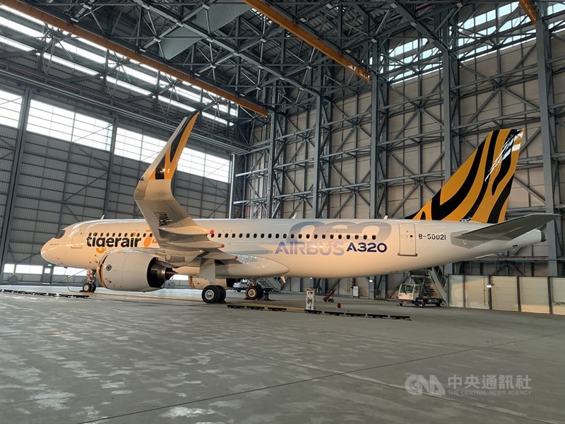A Tigerair A320neo is displayed inside a hangar in Taiwan in this CNA file photo