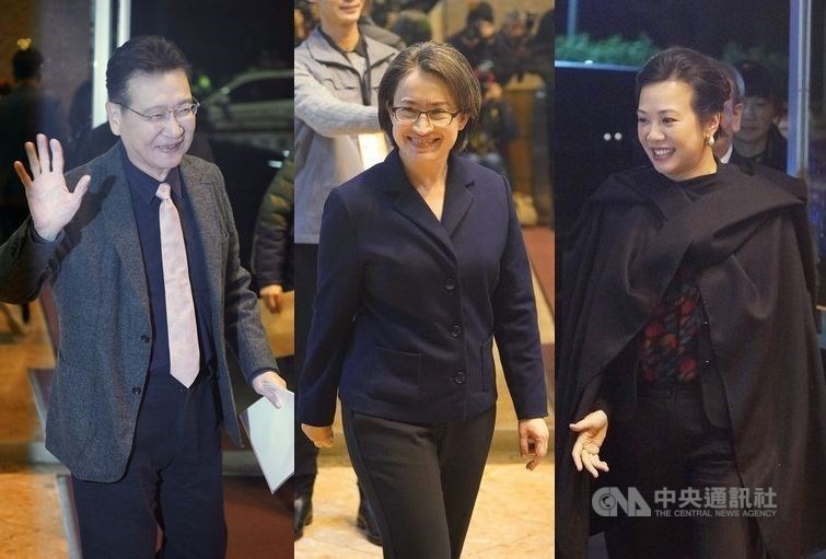 The three vice presidential candidates in Taiwan's Jan. 13 elections -- Jaw Shau-kong (left) of the KMT, Hsiao Bi-khim of the DPP (center) and Wu Hsin-ying of the Taiwan People's Party. CNA photo Dec. 22, 2023