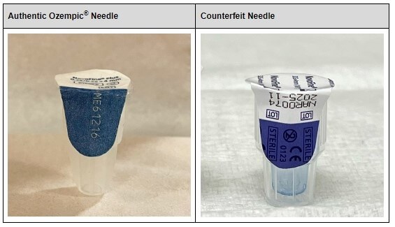 A visual comparison between authentic and counterfeit Ozempic injection pen needles. Photo taken from the US FDA website