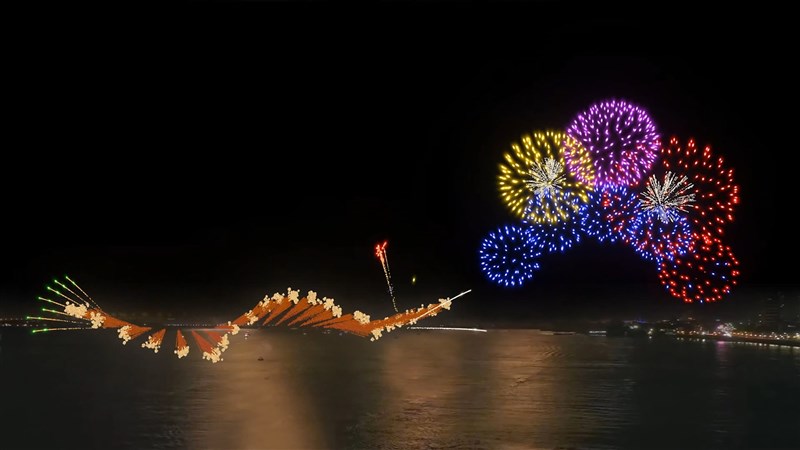 A rendered image of New Taipei's fireworks show featuring beams of lights to show the image of a dragon. Image courtesy of New Taipei City government