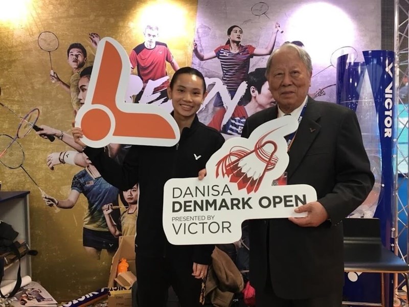 Taiwanese badminton player Tai Tzu-ying (left) is pictured with sports brand Victor founder Chen Den-li when promoting the Denmark Open in 2017. Photo courtesy of Tai Nan-kai (戴楠凱) Jan. 8, 2024