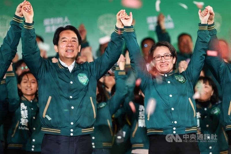 Taiwan's new president-elect Lai Ching-te (left) and vice president-elect Hsiao Bi-khim (right) celebrate their 2024 election win on Saturday. CNA photo Jan. 13, 2024