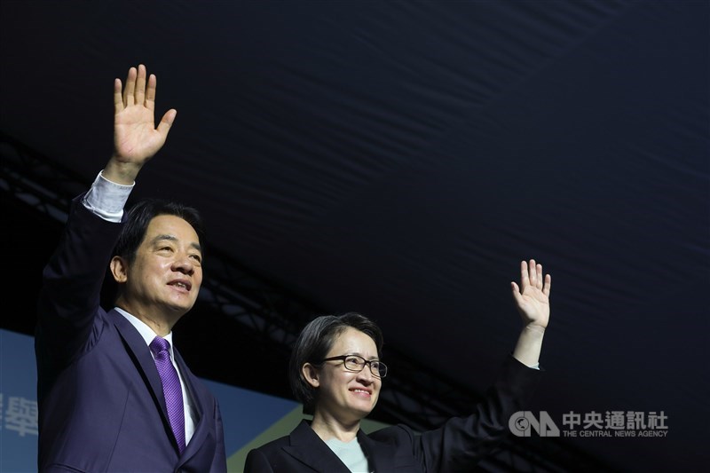 Taiwan's new president-elect Lai Ching-te (left) and the nation's new vice president-elect Hsiao Bi-khim wave at the crowd during a press conference declaring their victory in the presidential election Saturday. CNA photo Jan. 13, 2024
