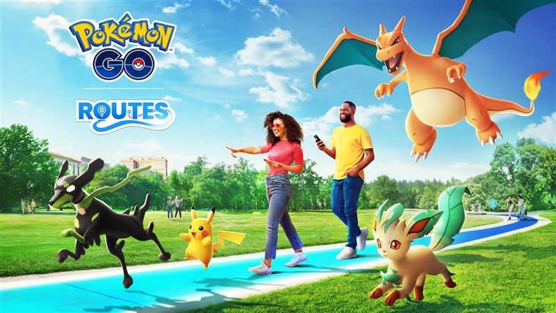 A Zygarde, a Pikachu, a Charizard and a Leafeon accompany two Pokémon trainers as they explore a route. Graphic taken from Pokémon Go official website