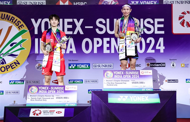 Taiwanese badminton star Tai Tzu-ying (right) takes gold while China's Chen Yufei (left) takes second place at the 2024 India Open in New Delhi on Sunday. Photo courtesy of Badminton Photo