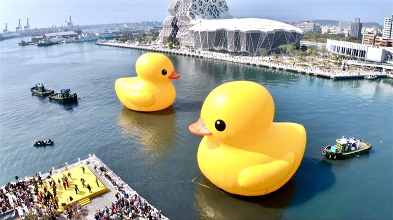 Iconic giant rubber ducks set afloat in Kaohsiung as festival
