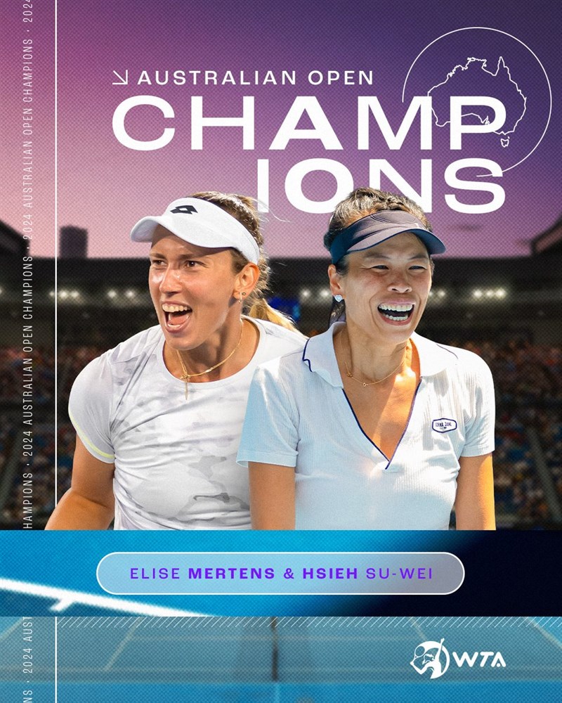Taiwanese tennis ace Hsieh Su-wei (right) and partner Elise Mertens (left) of Belgium win the Australian Open women's doubles title on Sunday. Graphic captured from Australian Open X account