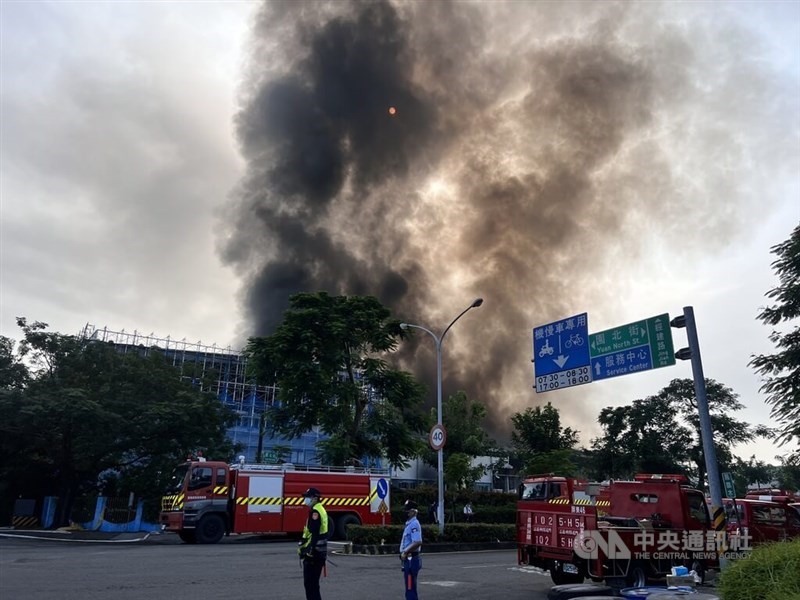 Plumes of smoke emerge from Launch Technologies' factory in Pingtung County on Sept. 23, 2023, after a fire was put out a day earlier. CNA file photo