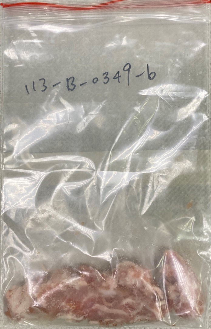 A portion of the remaining sample of the contaminated pork sent by the Taichung Health Bureau to Taiwan Food and Drug Administration for retest. Photo courtesy of Taiwan Food and Drug Administration Feb. 7, 2024