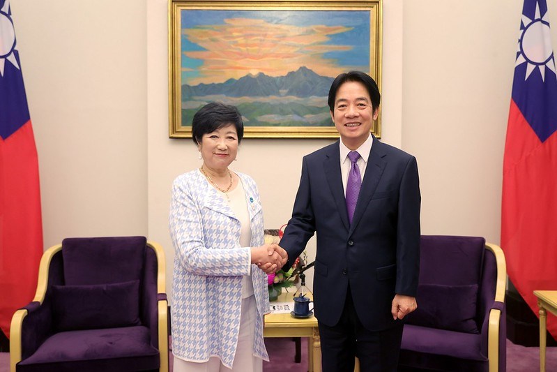 Vice President Lai Ching-te (right) and Governor of Tokyo Yuriko Koike shake hands when they meet at the Presidential Office in Taipei Wednesday. Photo courtesy of Presidential Office Feb. 7, 2024
