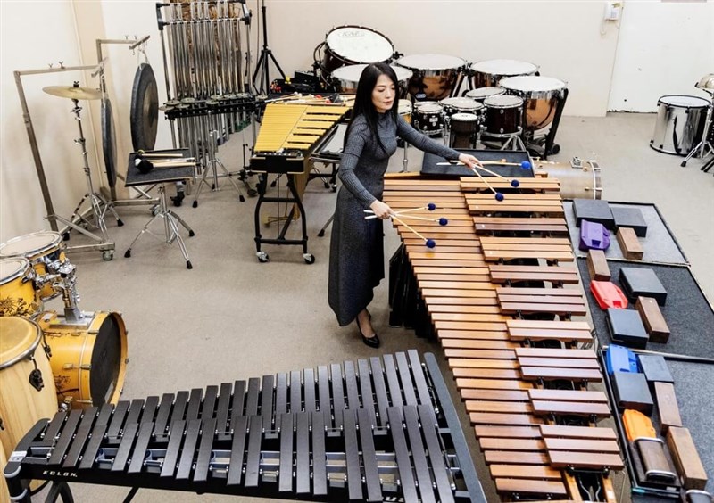 Percussionist Wu Pei-ching is surrounded by various instrument during a practice in Taipei in this recent photo. Photo courtesy of Wu Pei-ching Feb. 16, 2024