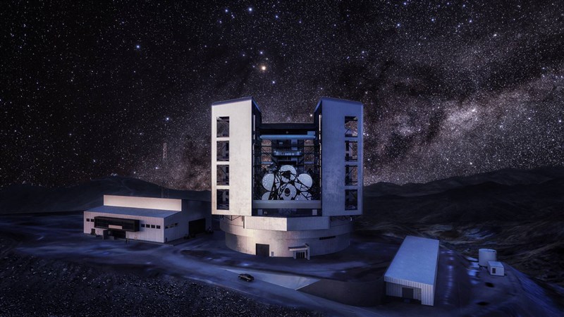 Nighttime exterior Giant Magellan Telescope rendering with support site buildings in the foreground. Image credit: Giant Magellan Telescope – GMTO Corporation
