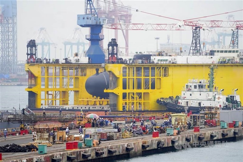 Taiwan's first domestically built submarine prototype "Narwhal" gets transported on Tuesday. CNA photo Feb. 27, 2024