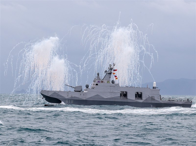 A Tuo Chiang-class missile corvette takes part in a training exercise in waters near Keelung in 2022 .CNA file photo