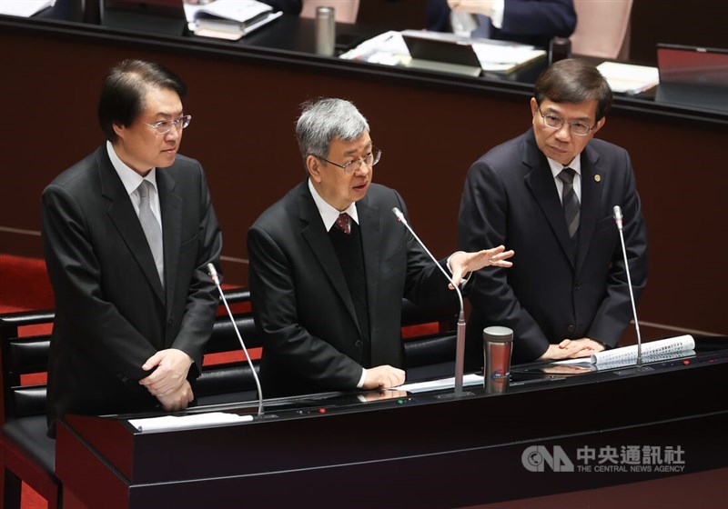 Premier Chen Chien-jen (center), Interior Minister Lin Yu-chang (left) and Transportation Minister Wang Kwo-tsai (right) speak at the Legislature in Taipei on Tuesday. CNA photo March 5, 2024
