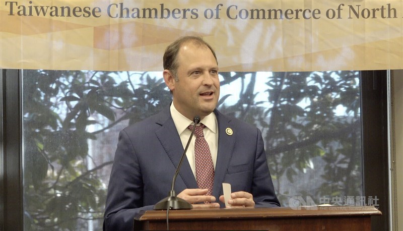Republican congressman Andy Barr, who co-chairs the Congressional Taiwan Caucus, speaks at a press conference held by the Taiwanese Chambers of Commerce of North America Tuesday. CNA photo March 13, 2024