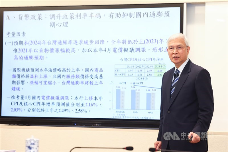 Central Bank Government Yang Chin-long explains the monetary policy behind Thursday's rate hike decision at a news conference in Taipei. CNA photo March 21, 2023