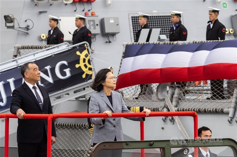 President Tsai Ing-wen (second left) and Defense Minister Chiu Kuo-cheng (left) inspect troops and newly delivered Navy corvettes in Yilan County Tuesday. CNA photo March 26, 2024