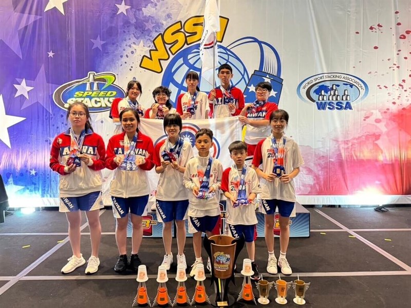 Taiwan's speed stackers pose with their medals and trophies at the 2024 World Sport Stacking Championships in Orlando, Florida in this recent photo. Photo courtesy of Taiwan Sport Stacking Association April 2, 2024