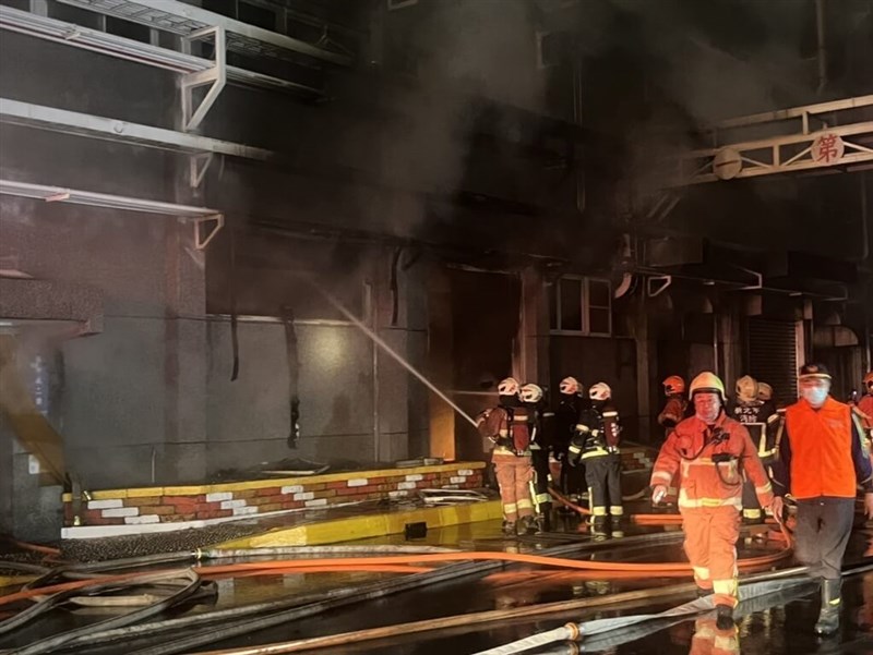 Firefighters try to extinguish a fire at a Nan Ya Plastics plant in Taishan District, New Taipei Sunday morning. Photo courtesy of the New Taipei Environmental Protection Bureau April 7, 2024