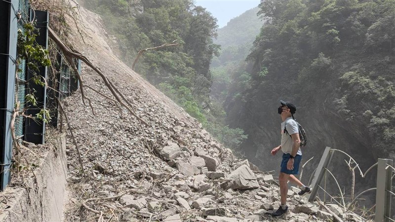 Dimitris Belbas faces fallen rocks during their visit to Taroko National Park. Photo courtesy of Monica Tsai