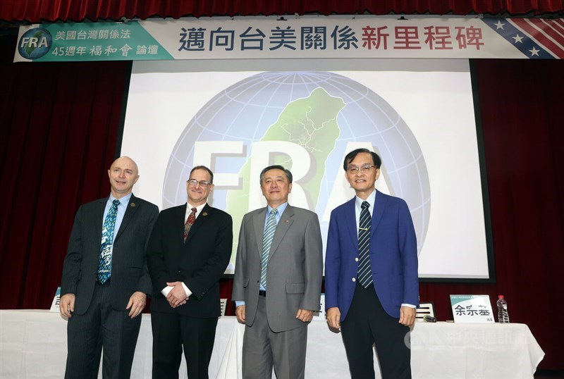 From left to right: Guermantes Lailari, a visiting scholar at Taiwan's Institute for National Defense and Security Research; Joshua Thomas Wenger, a postdoctoral research associate at Academia Sinica's Institute of Sociology; Tony Hu (胡振東) Taiwan's first senior country director at the Pentagon; and Yu Tsung-chi (余宗基), a former dean of National Defense University's Fu Hsing Kang College. CNA photo April 13, 2024