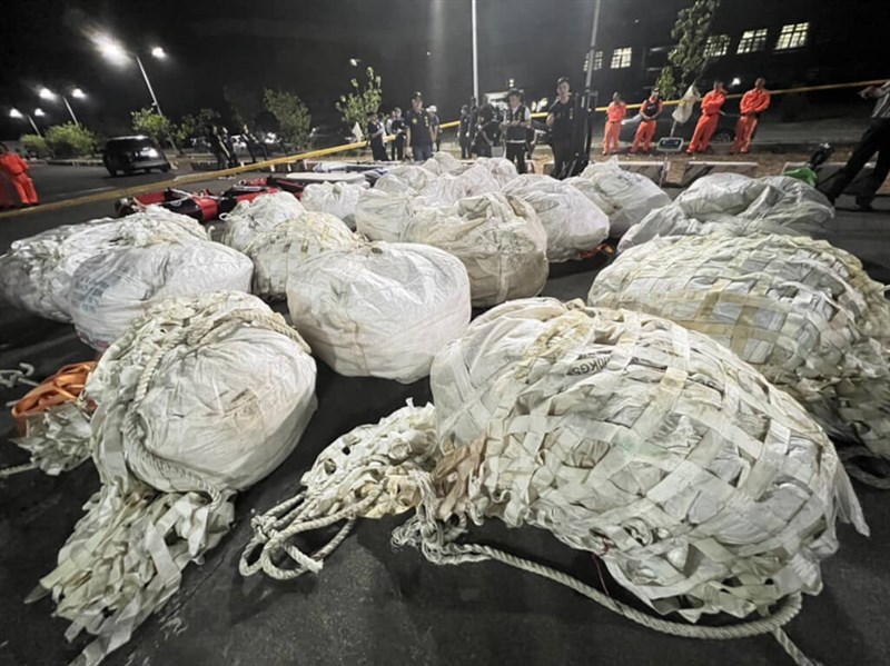 Bags of cannibis seized off the coast of southwest Taiwan are displayed in this undated photo. Photo courtesy of Ciaotou District Prosecutors Office