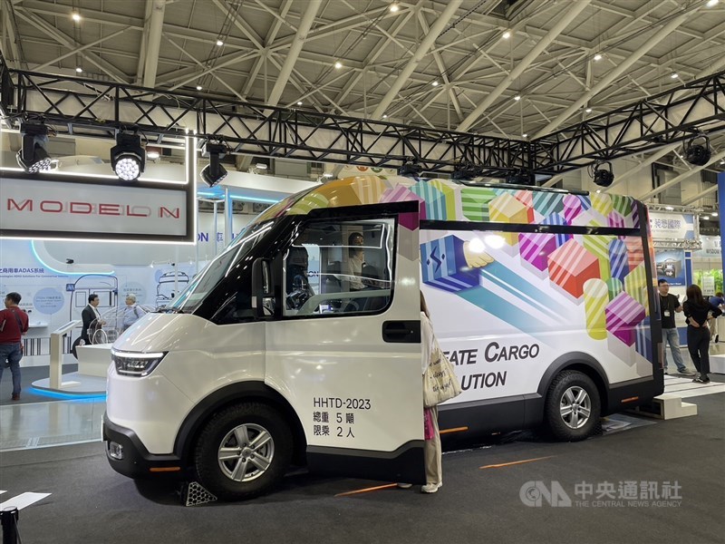 An electric delivery van is displayed by Hon Hai Precision Industry Co. at an autotronics show in Taipei Wednesday. CNA photo April 17, 2024