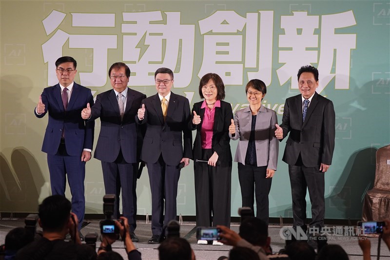 Premier-designate Cho Jung-tai (third from left) appears in Taipei on Friday with (from left to right) Peng Chi-ming, Chiu Tai-yuan, Ho Pei-shan, Ku Hsiu-fei and Tseng Chih-yung, who will take over as heads of the environment, health, and labor ministries, Hakka Affairs Council and Council of Indigenous Peoples, respectively on May 20. CNA photo April 19, 2024