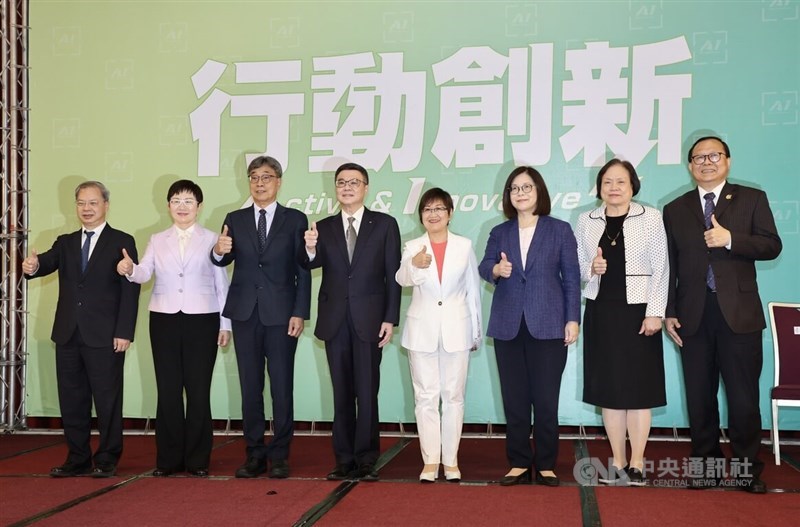Premier-designate Cho Jung-tai (fourth from left) appears in Taipei on Tuesday with (from second left to right) Chuang Tsui-yun, Chen Junne-jih, Hsu Chia-ching, Kuan Bi-ling, Chen Shu-tzu and Su Chun-jung, who will serve as heads of the finance ministry, agriculture ministry, Overseas Community Affairs Council, Ocean Affairs Council, the Executive Yuan's Directorate General of Budget, Accounting and Statistics and the Directorate-General of Personnel Administration, respectively on May 20. CNA photo April 23, 2024