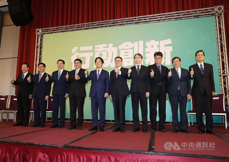 President-elect Lai Ching-te (fifth left) attends a press conference in Taipei on Thursday with Wellington Koo (from left to right), Lin Chia-lung, Joseph Wu, Pan Men-an, Cho Jung-tai, Tsai Ming-yen, Chiu Chui-cheng, Cheng Wen-tsan and Yen Teh-fa. CNA photo April 25, 2024