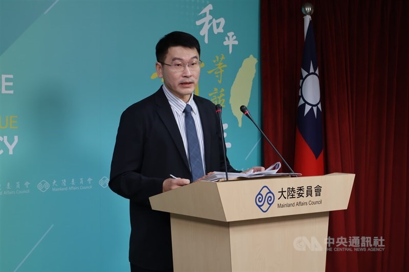 Liang Wen-chieh, deputy head and spokesperson of the Mainland Affairs Council, speaks at the council's weekly press briefing in Taipei on Thursday. CNA photo May 23, 2024
