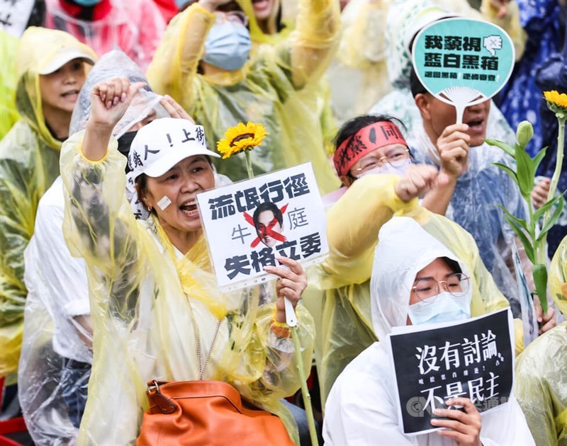 Demonstrators outside the Legislative Yuan in Taipei Tuesday. CNA photo May 28, 2024