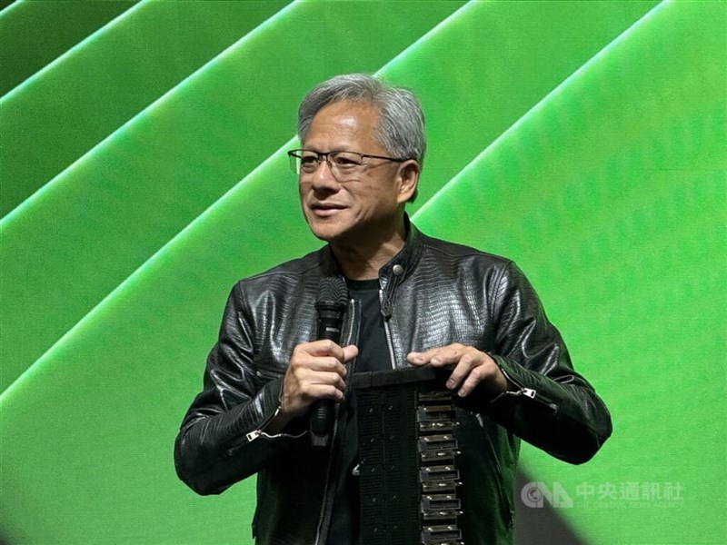 Nvidia CEO Jensen Huang speaks at a press event Tuesday in Taipei. CNA photo June 4, 2024