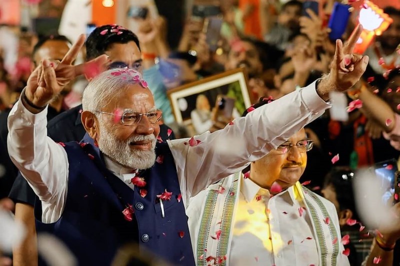 Indian Prime Minister Narendra Modi gestures as he arrives at Bharatiya Janata Party headquarters in New Delhi, India, June 4, 2024. Photo: Reuters
