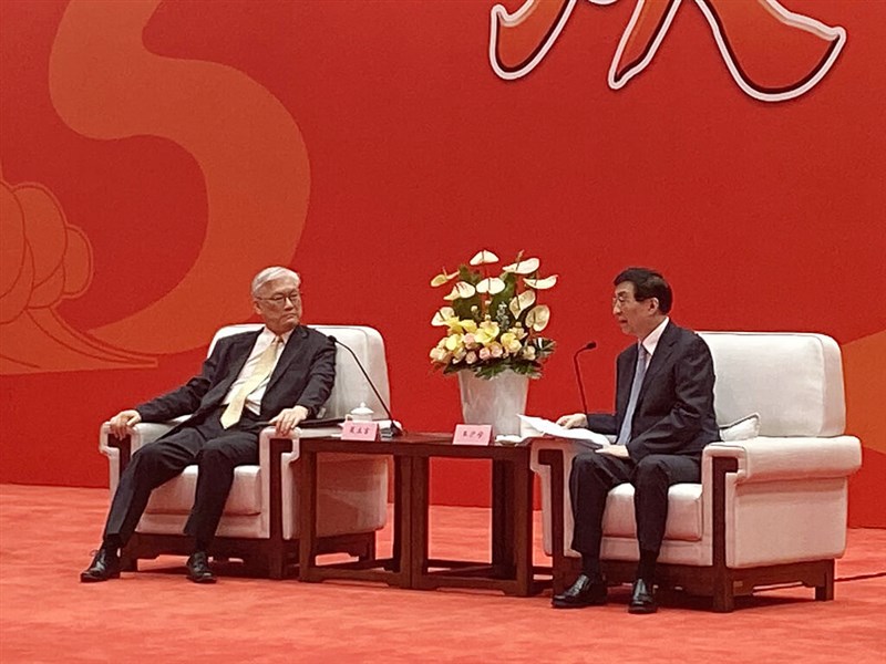 KMT Vice Chairman Andrew Hsia (left) meets with Chinese People's Political Consultative Conference Chairman Wang Huning during the 2023 Strait Forum in the Chinese Province of Fujian in June that year. File photo courtesy of KMT