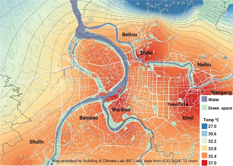 This heat map, produced by BC Lab using temperature data from June 22, 2024, at noon, shows heat hotspots (redder areas) in the Greater Taipei area and how higher temperatures are concentrated along rivers, in the Taipei Basin.