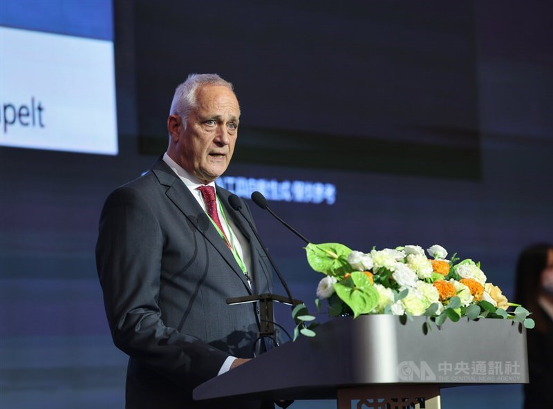 Head of German public broadcaster Deutsche Welle's international relations unit Christoph Jumpelt during his keynote speech in Taipei on Monday. CNA photo July 1, 2024