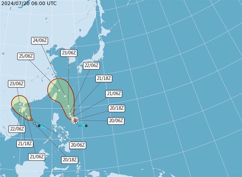 The projected path of Gaemi (right) is shown along with the forecast movement of a tropical depression approaching China's Hainan Island. Graphic: Central Weather Administration