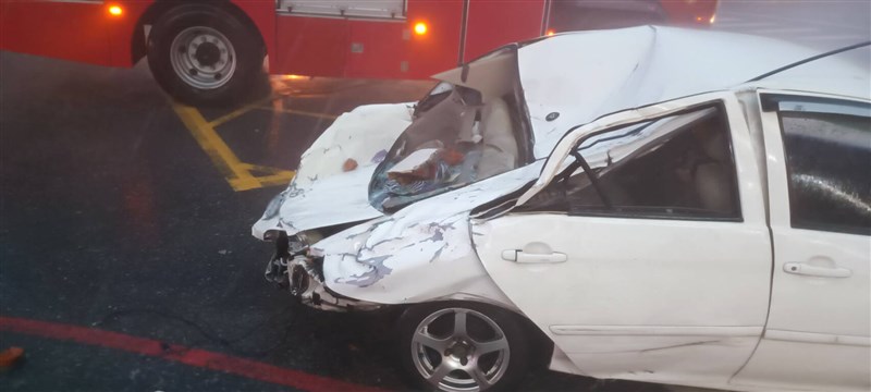 A vehicle hit a falling wall remains at the scene in Hualien County, where a woman and a boy were injured and sent to the hospital, Wednesday. The woman was pronounced dead later. Photo courtesy of Hualien County Fire Bureau July 24, 2024