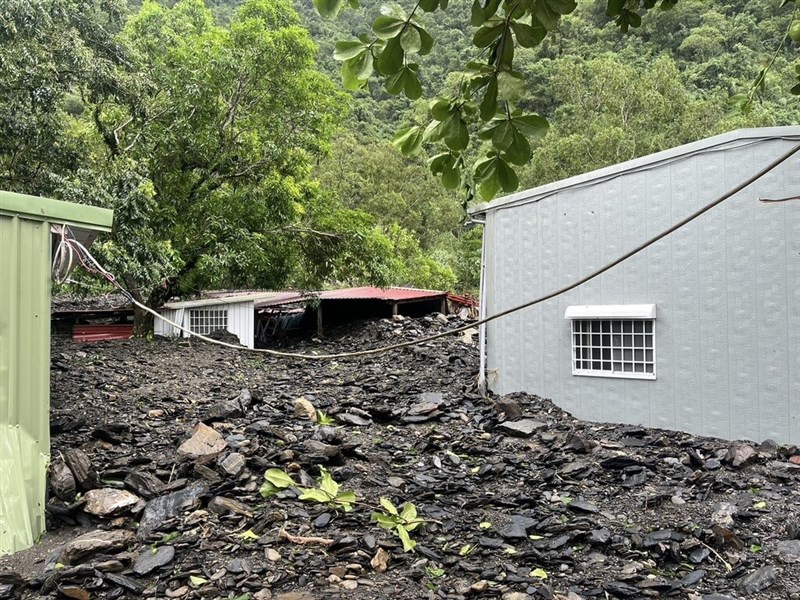 Buildings in a camping site in Kaohsiung's Maolin District are buried in debris after being struck by landslides Friday. Photo courtesy of Kaohsiung City Indigenous Affairs Commission July 26, 2024