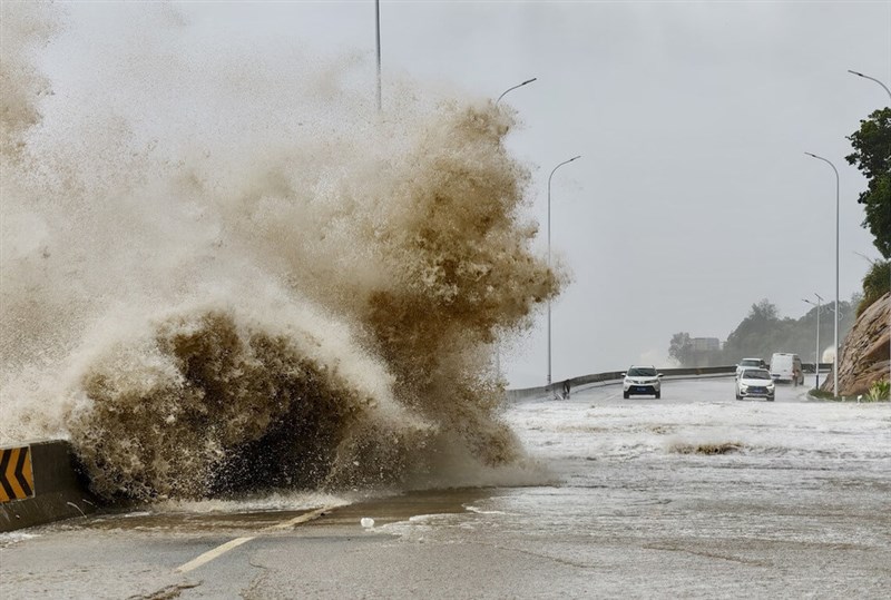 Waves splash over a road in Ningde, China, during the day Thursday, as Tropical Storm Gaemi moves towards southeastern China before making landfall in Putian, Fujian Province at 7:50 p.m. Photo courtesy of China News Service July 25, 2024