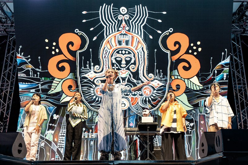 Indigenous singer Abao (center) performs with Nanguaq Girls, a group under her music brand, at the opening of the Taiwan Pavilion at the Paris Cultural Olympiad in the French capital on Saturday. Photo courtesy of Ministry of Culture July 28, 2024