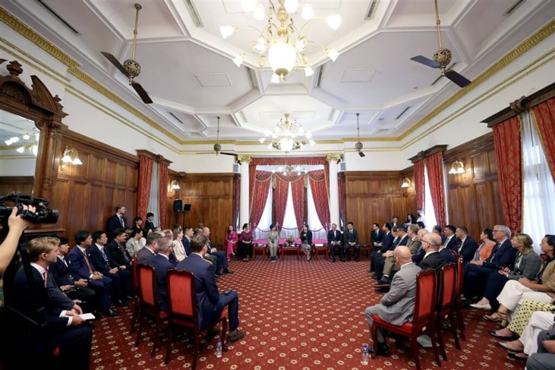 Vice President Hsiao Bi-khim (center third right) greets the Inter-Parliamentary Alliance on China members at the Presidential Office in Taipei Tuesday. Photo: Presidential Office July 30, 2024