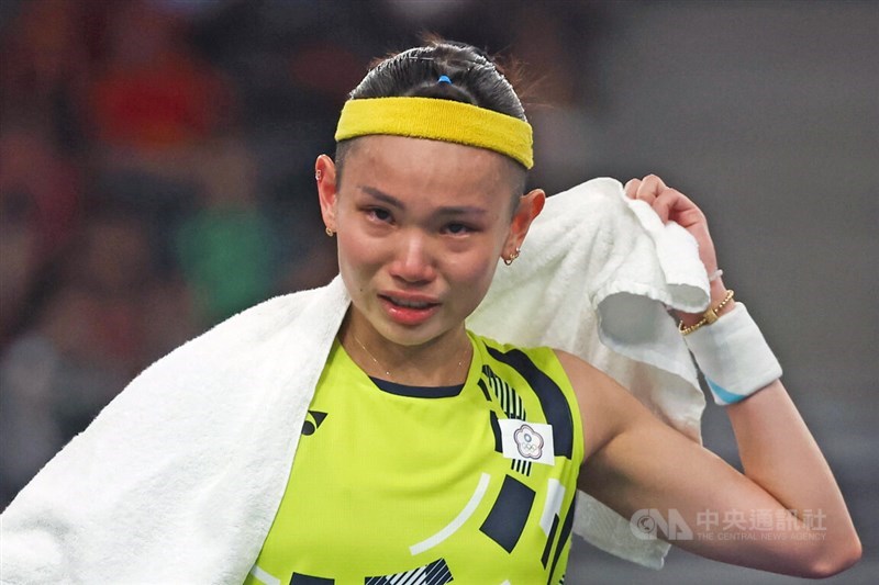 Tokyo Olympics silver medalist Tai Tzu-ying appears emotional in this photo taken after losing to Ratchanok Intanon of Thailand in the group stage at the Paris Games on Wednesday. CNA photo July 31, 2024