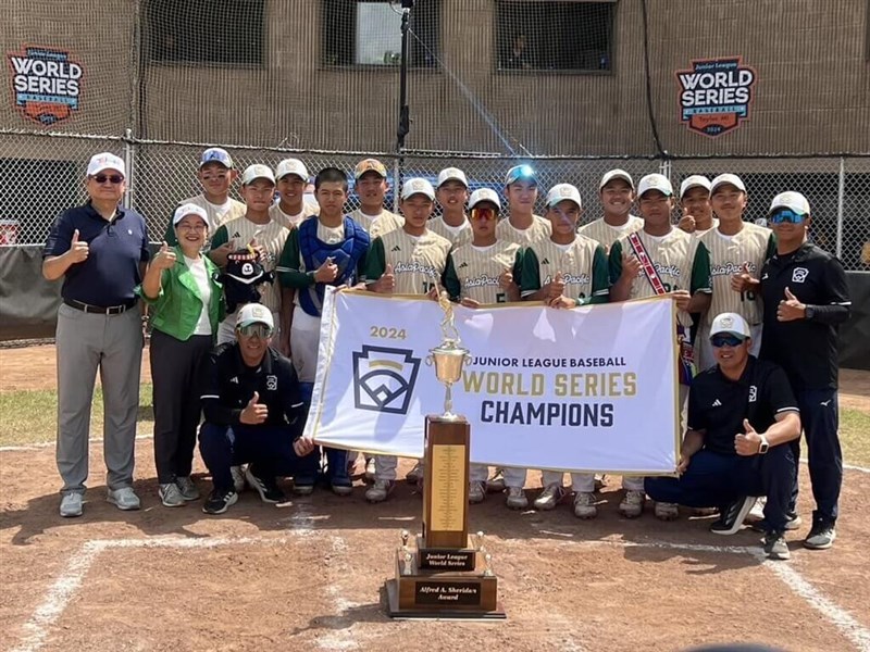 Taiwan's Hsin Ming Junior High School baseball team take a group photo after winning the Junior League Baseball World Series. Photo courtesy of Taiwan Little League Baseball Association Aug. 12, 2024