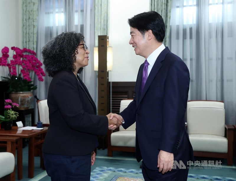 President Lai Ching-te (right) greets Marilyn Strickland, a member of the United States House Committee on Armed Services at the Presidential Office in Taipei on Tuesday. CNA photo Aug. 13, 2024